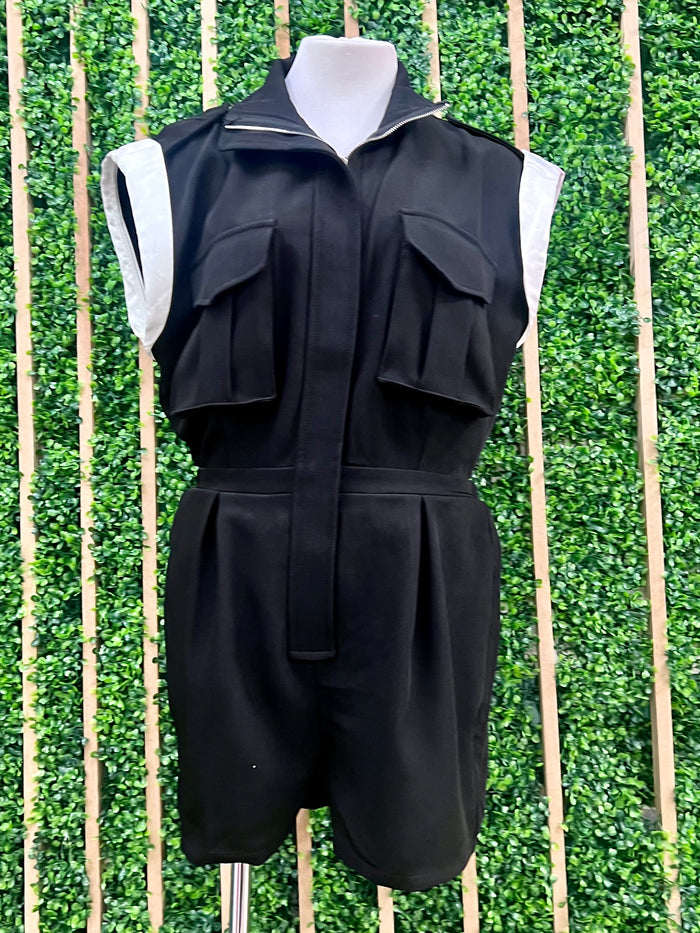 Black Satin Contrast Mock Neck Romper