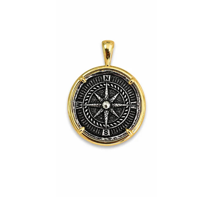 SJ Two-Tone Compass Pendant Cord Necklace