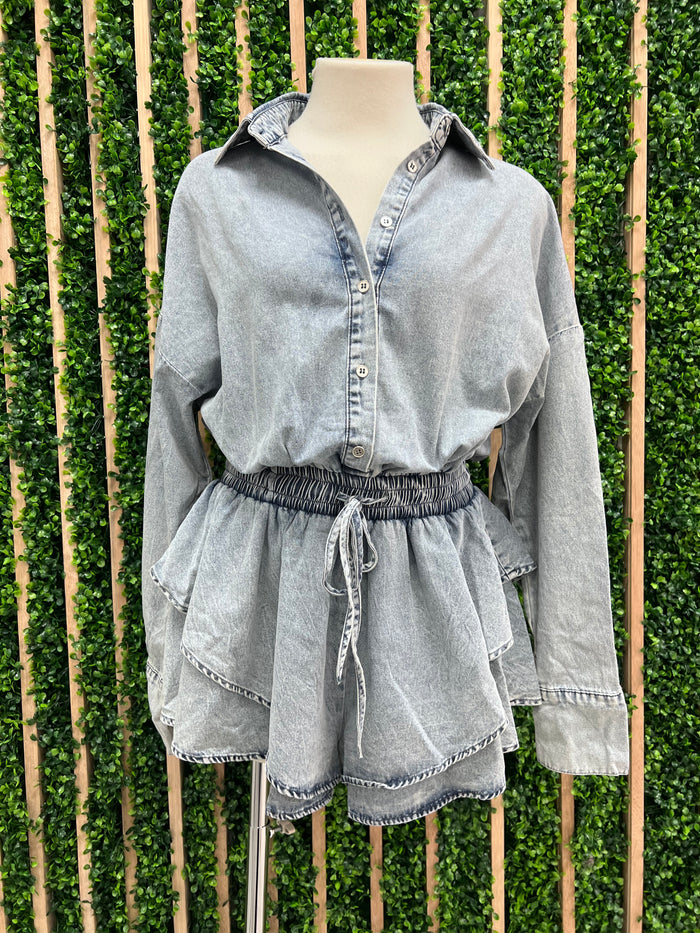 Ruffle Long Sleeve Denim Romper