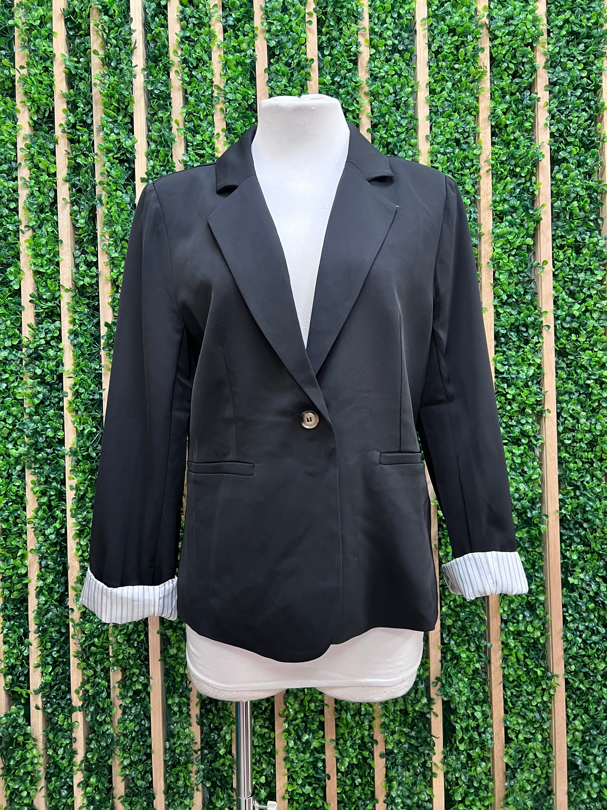 Classic Tailored Black Blazer With Striped Sleeve Detail