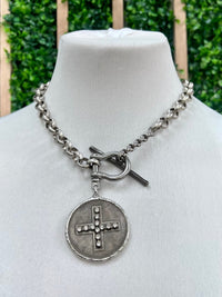 V2 Reversible Toggle Shackle Crystal Studs Cross / Coin Necklace