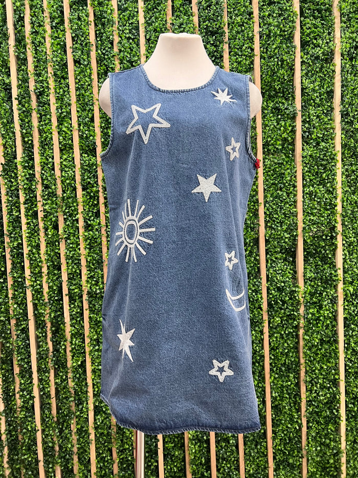 Star Moon Embroidered Denim Shift Dress