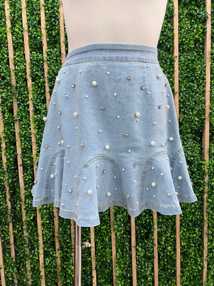 Pearl Detailed Flare Denim Skirt