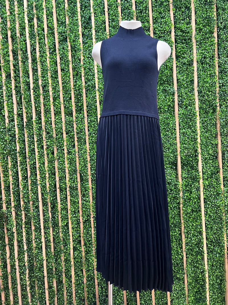 Navy Contrast Pleated Skirt Midi Dress