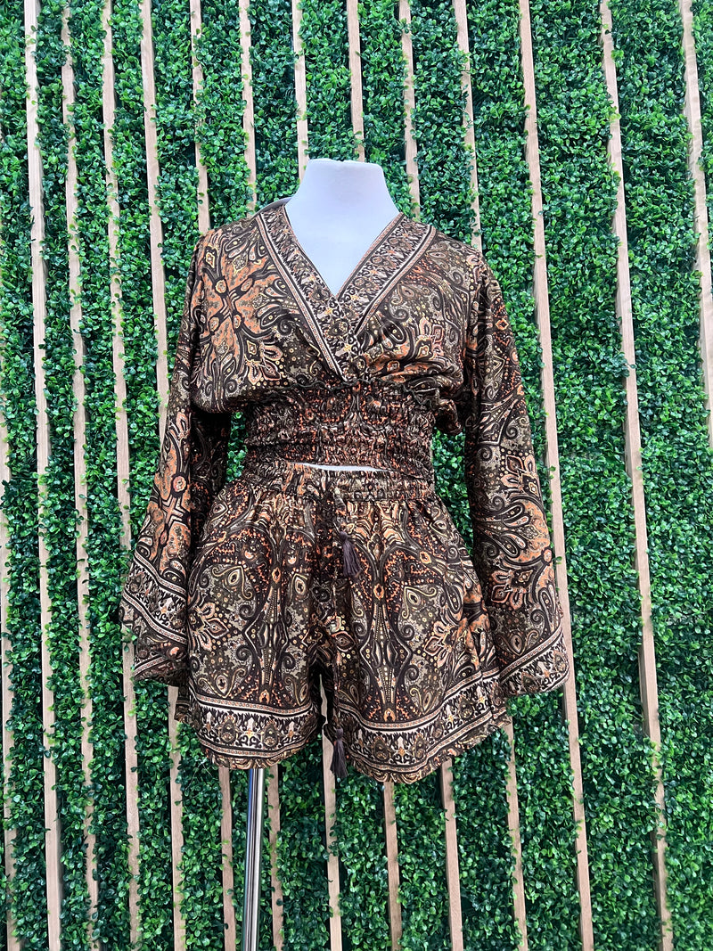 Paisley V Neck Blouse Short Pant Set