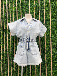 Elastic Waistband Denim Romper