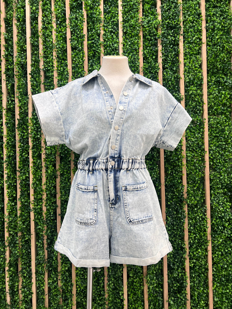 Elastic Waistband Denim Romper