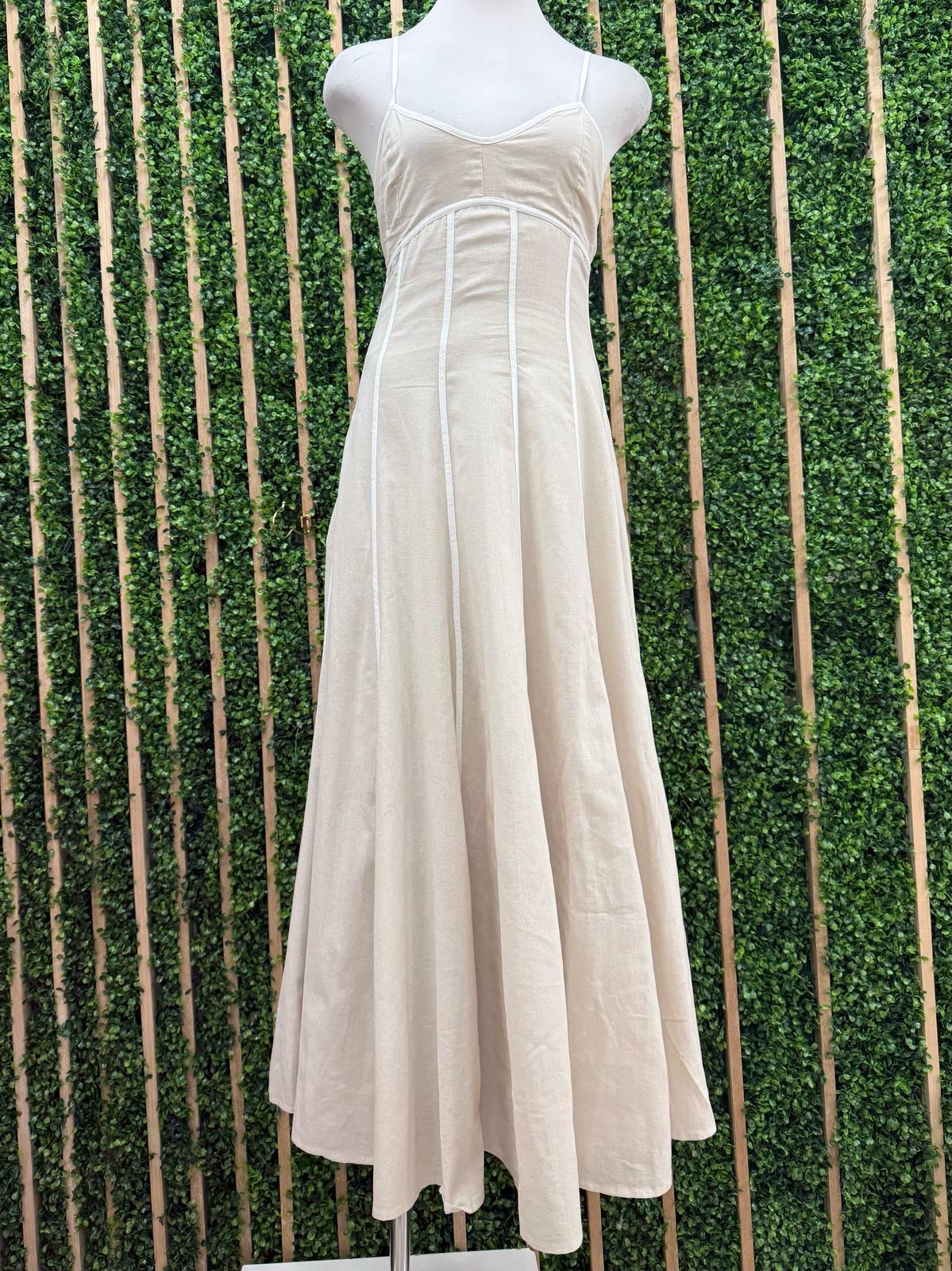 Beautiful Piping Detail Oatmeal Maxi Dress