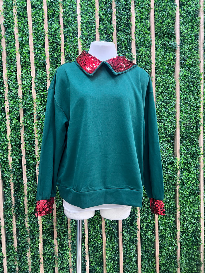 Green Sequin Neckline Collared Blouse Top