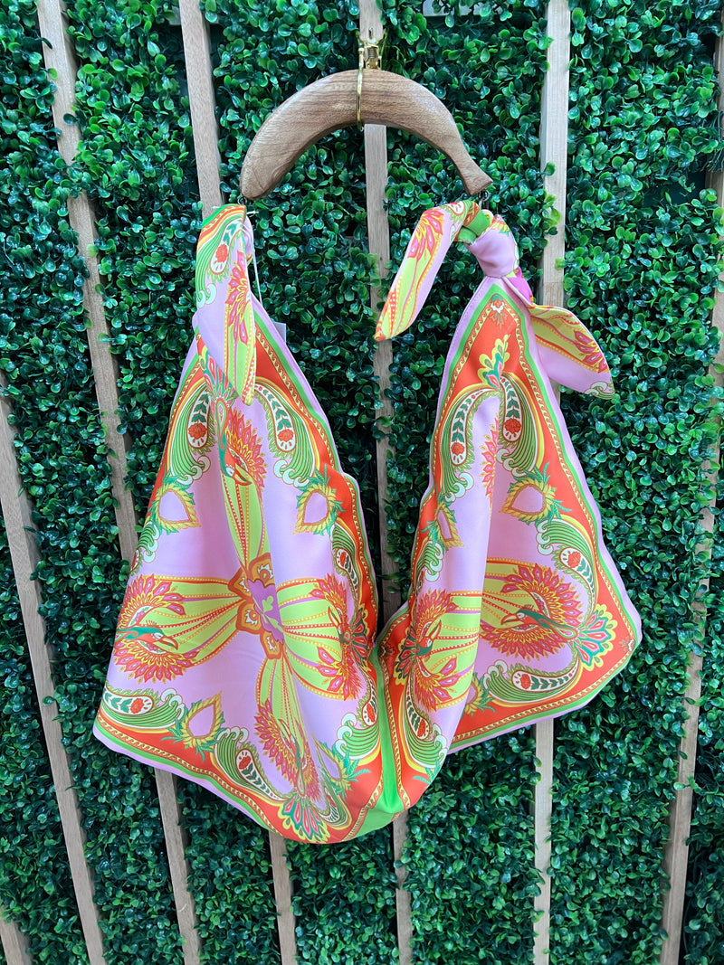 Exquisite Tropical Bandana Boho Bag with Wooden Handle Bag