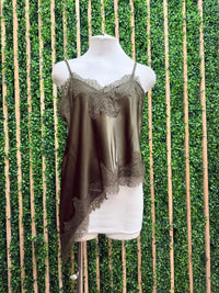 Olive Satin Lace Trim Asymmetrical Hem Top