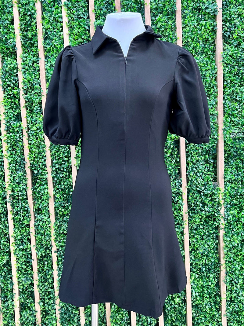 Black Balloon Sleeve Fitted Blouse Dress