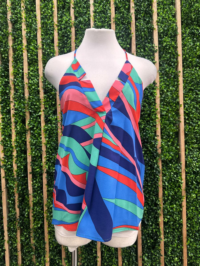 Blue Multi Print V NEck Strappy Top