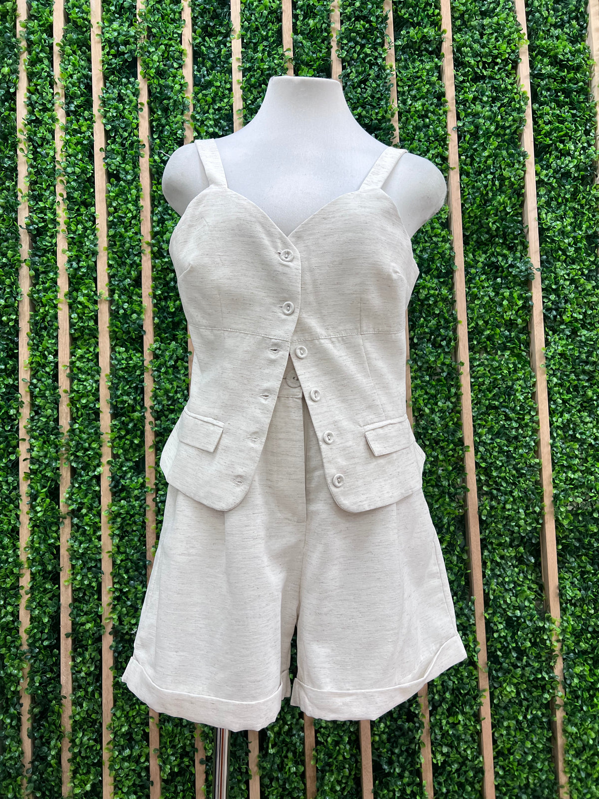 Ecru Linen Blend Vest Set