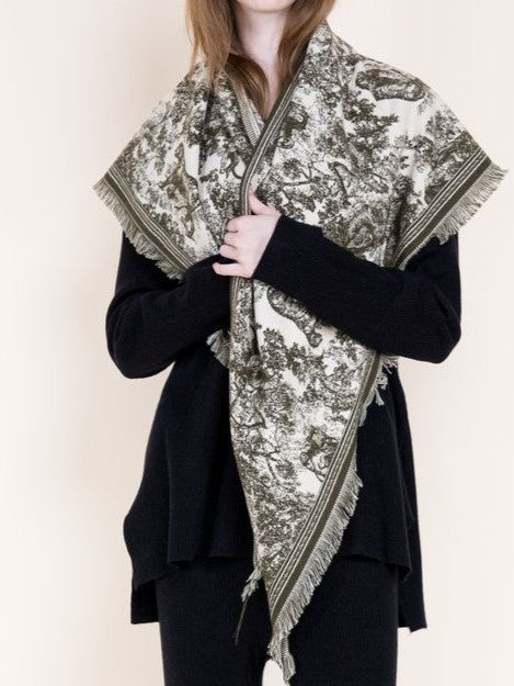 Beautiful Toile Countryside Print Fringe Pashmina Scarf