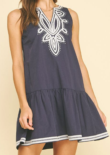 Navy Ivory Embroidered Dropwaist Short Dress
