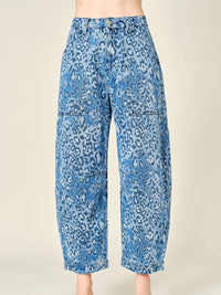 Denim Blue Leopard Print Barrel Jeans