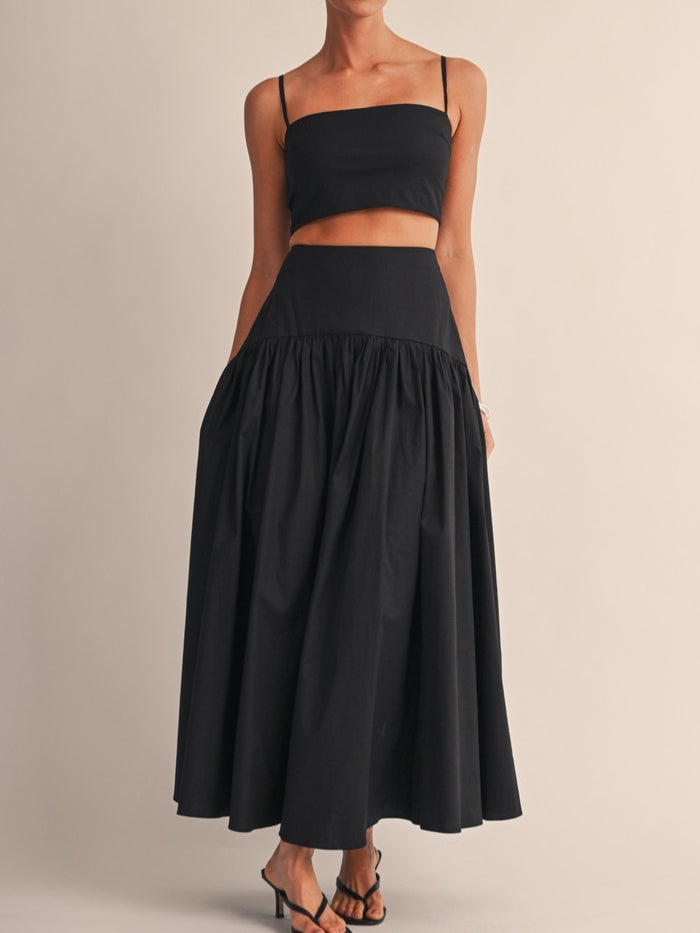 Black Princess Crop Top & Drop-Waist Maxi Skirt Set