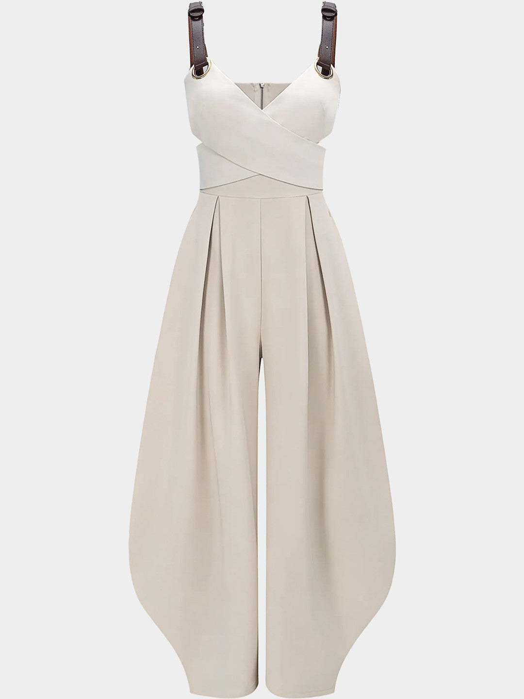 Wrap Front Wide-Leg Jumpsuit with Buckle Straps