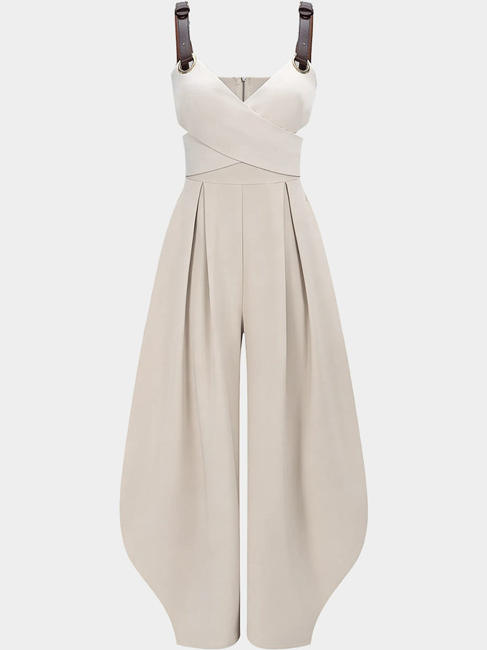 Wrap Front Wide-Leg Jumpsuit with Buckle Straps