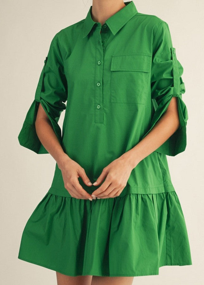 Button Up Kelly Green Roll Up Sleeves Ruffle Hem Short Dress