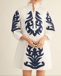 Embroidered Off White Navy Long Balloon Short Sleeve Short Dress