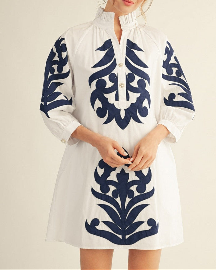 Embroidered Off White Navy Long Balloon Short Sleeve Short Dress