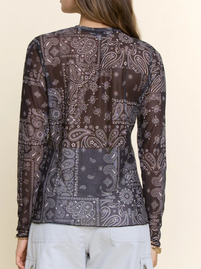 Black Paisley Mesh Long-Sleeve Top