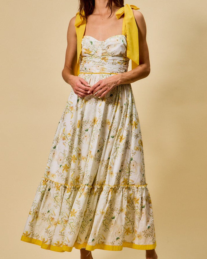 Yellow Floral Print Woven Feminine Ribbon Strap Dress