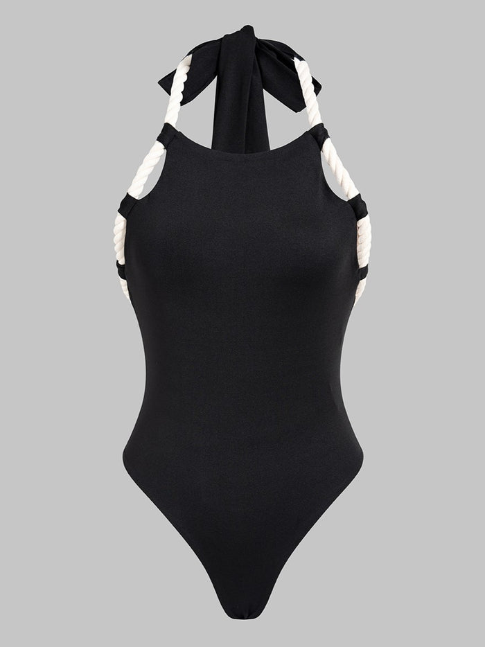 Black Rope Trim Halter Bodysuit