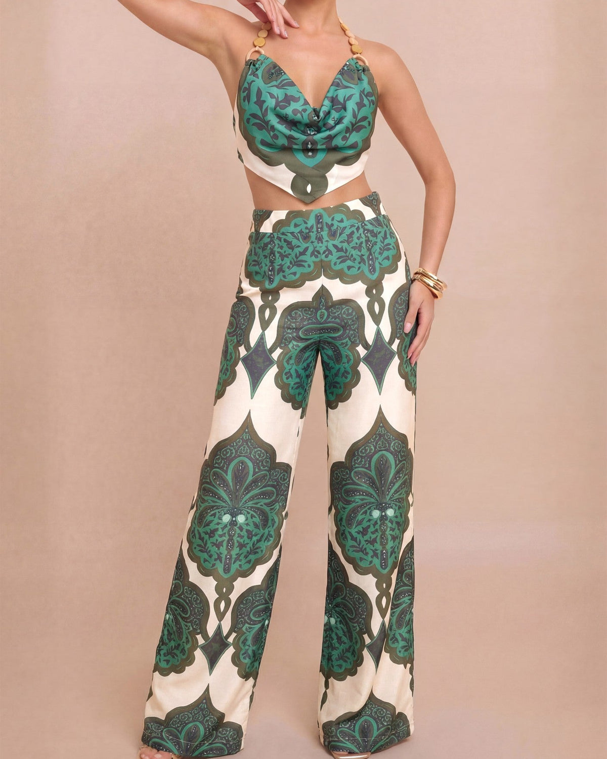 Green Ivory Santorini Muse Printed Halter Top