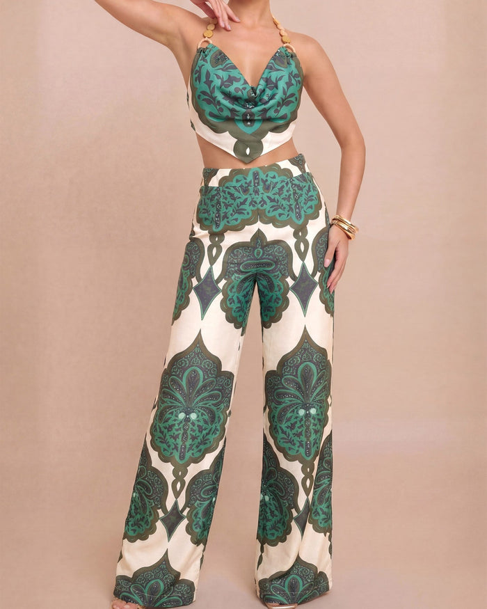 Green Ivory Santorini Muse Printed Wide-Leg Pants