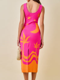 Pink & Orange Tropical Knit Midi Dress