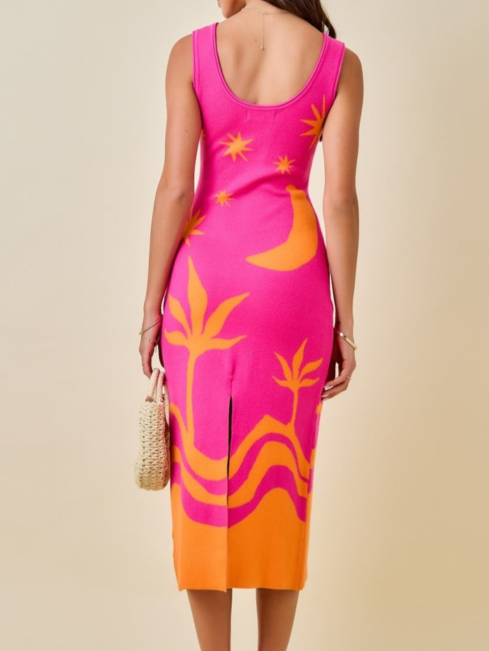 Pink & Orange Tropical Knit Midi Dress