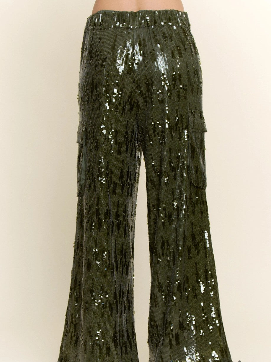 Olive Green Sequin Cargo Pants