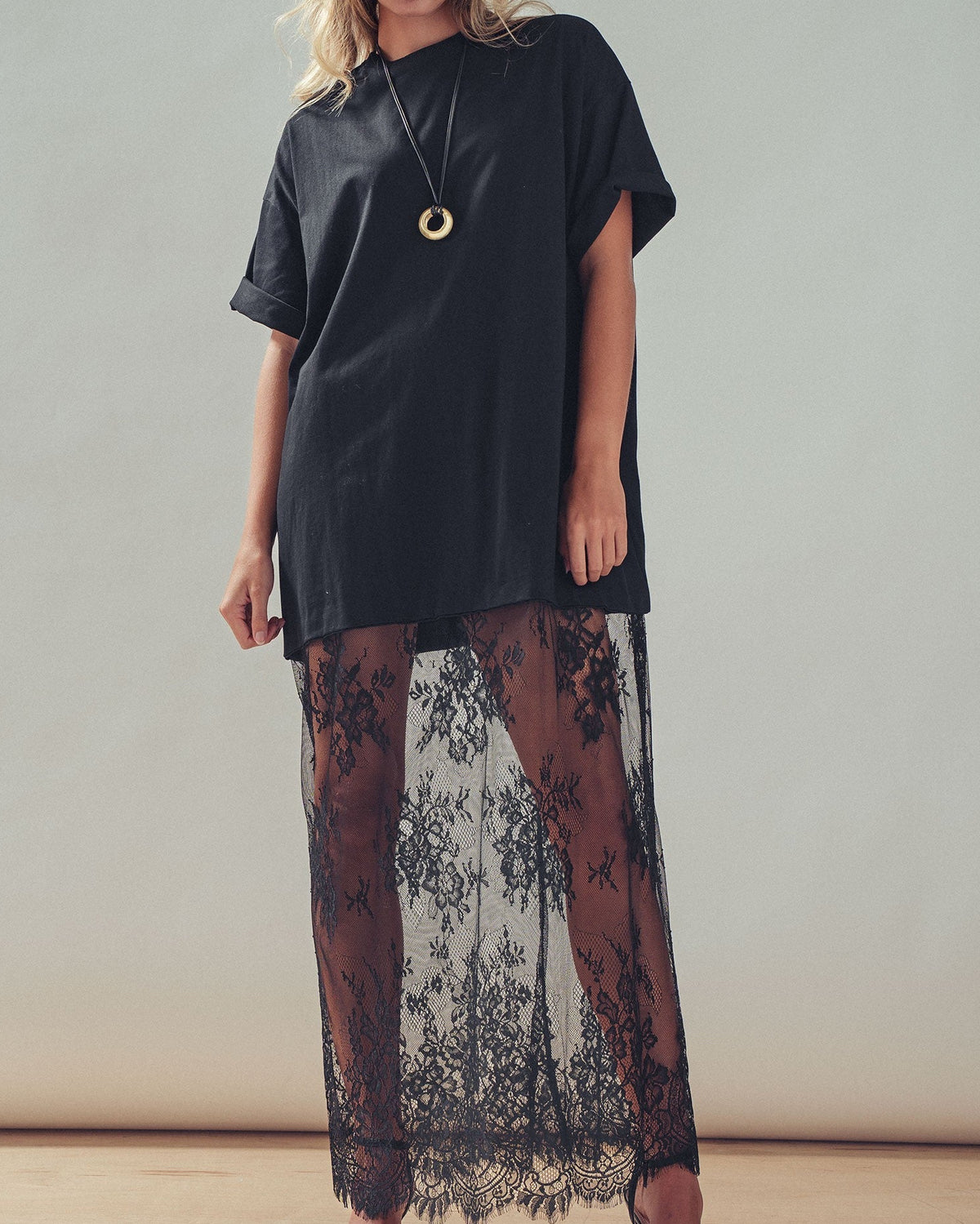 Sheer Lace Layered Shirt Dress