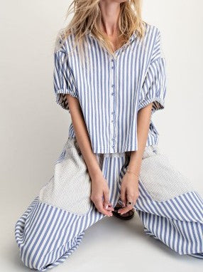 Blue Stripe Cropped Button-Up Shirt