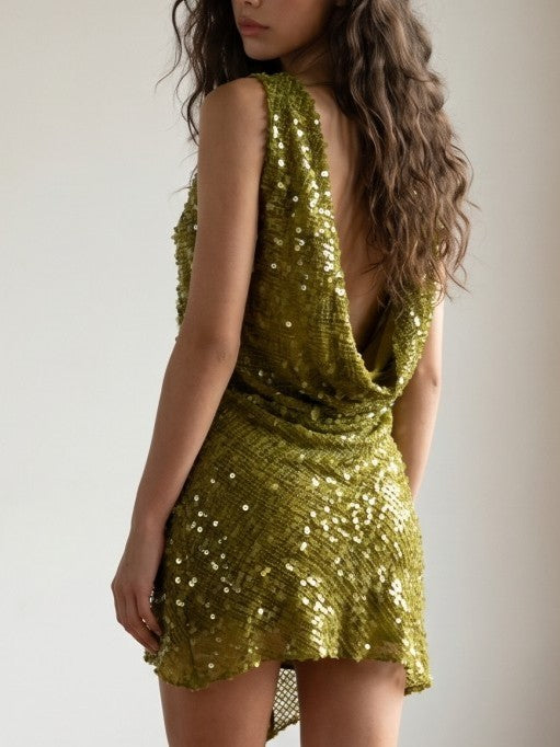 Olive Sequin Cowl Back Mini Dress
