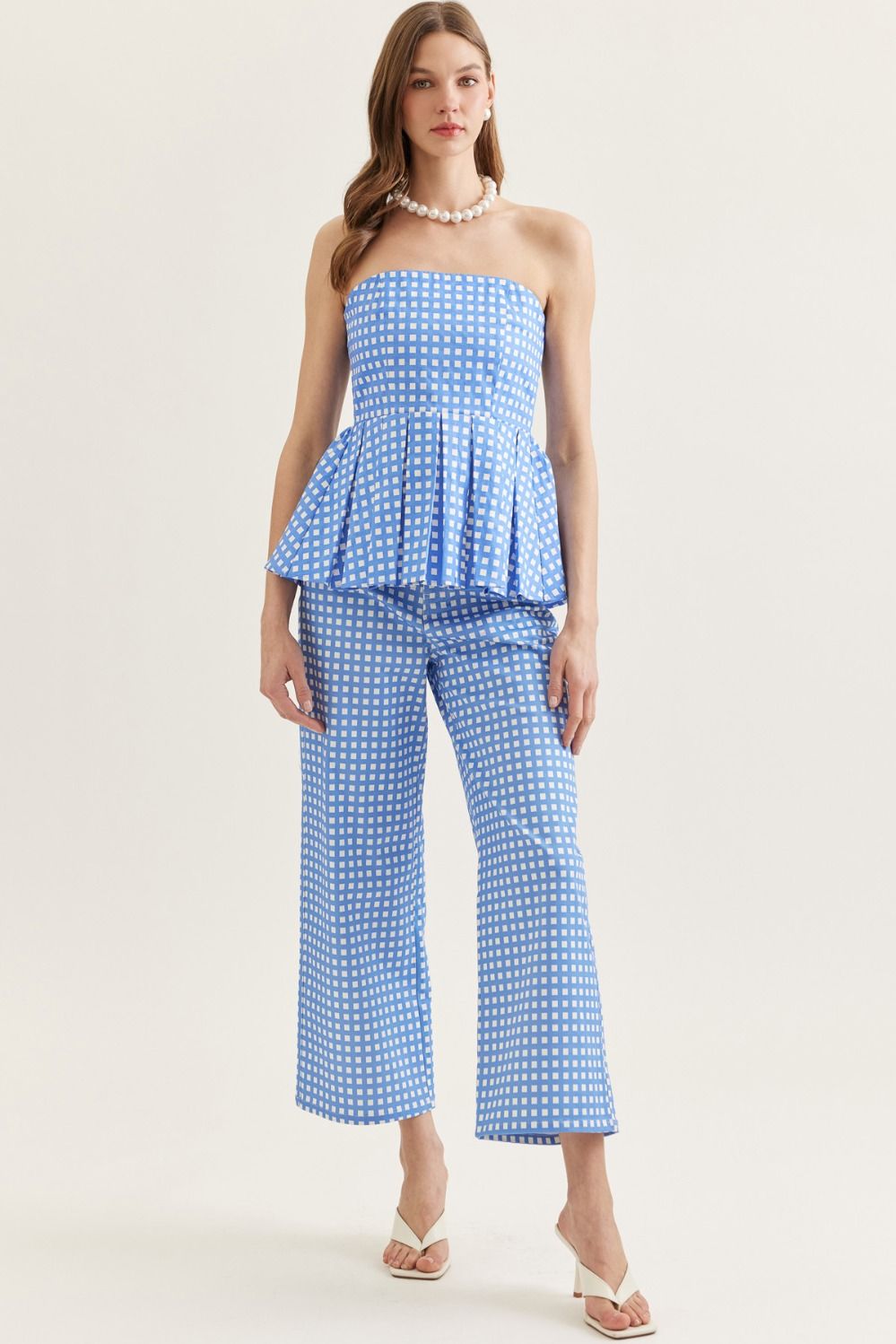 Blue Checkered Strapless Peplum Top