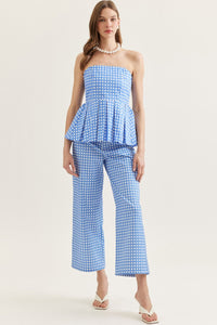 Blue Checkered Strapless Peplum Top
