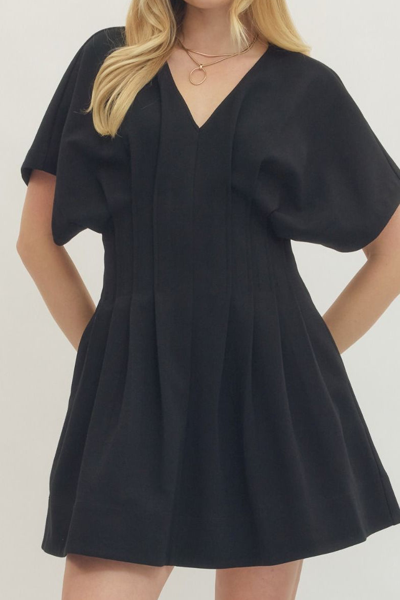 Short Dolman Sleeve Waist Panel Detail V-Neck Short Dress