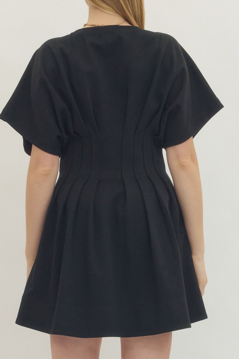 Short Dolman Sleeve Waist Panel Detail V-Neck Short Dress