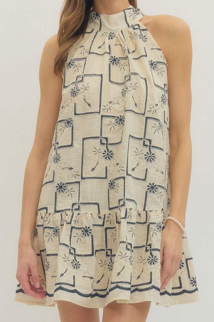 Beautiful Embroidered Soft Blue Ivory Dropwaist Short Dress