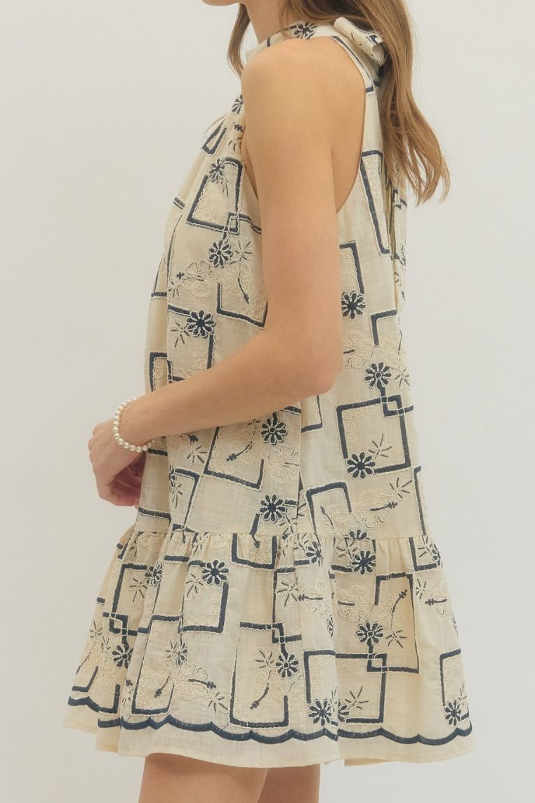 Beautiful Embroidered Soft Blue Ivory Dropwaist Short Dress