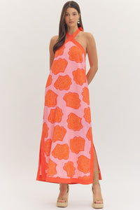 Orange Pink Shell Embossed Halter Dress