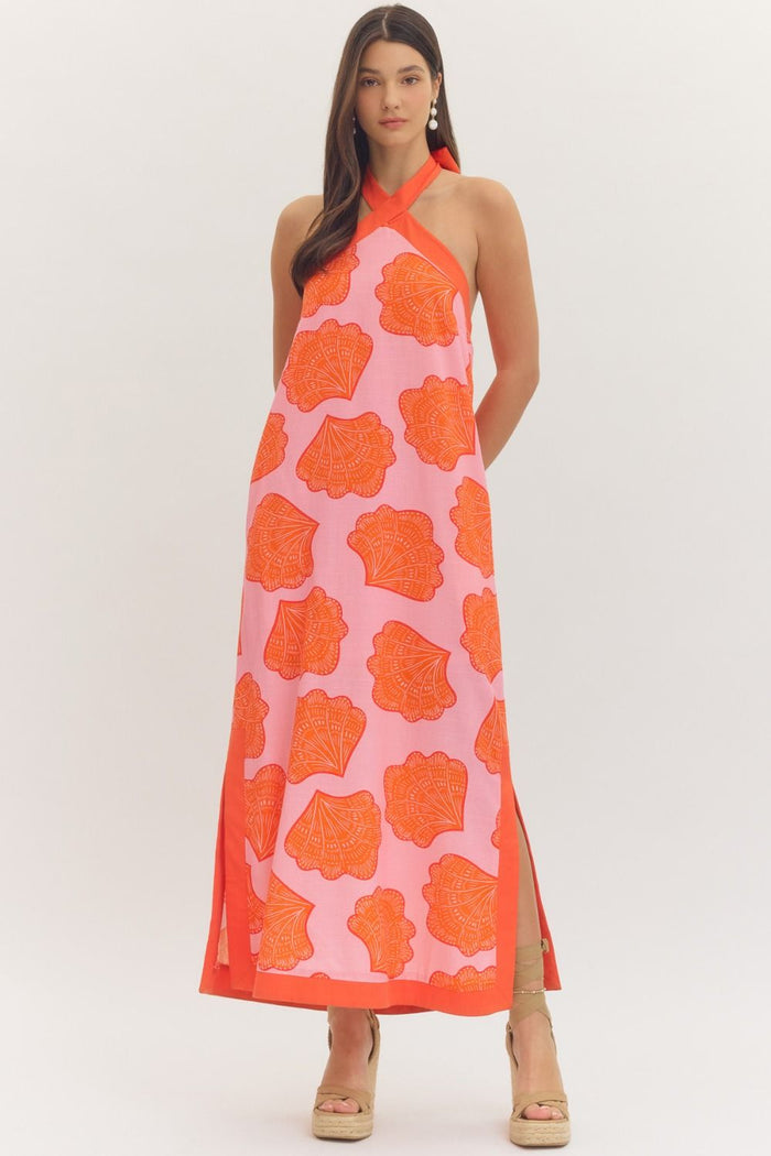 Orange Pink Shell Embossed Halter Dress
