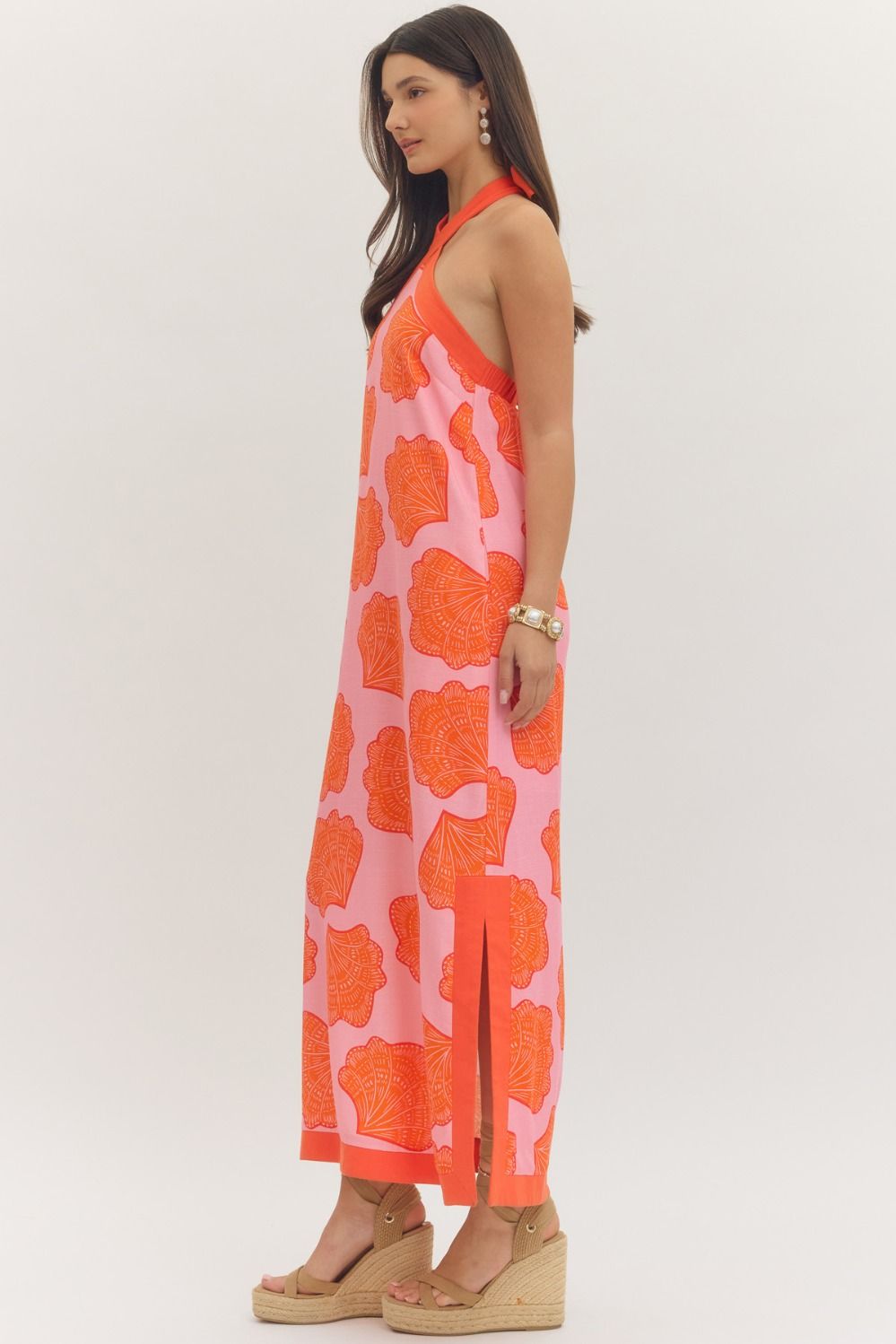 Orange Pink Shell Embossed Halter Dress