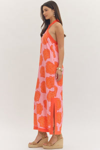 Orange Pink Shell Embossed Halter Dress