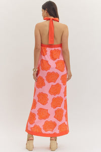 Orange Pink Shell Embossed Halter Dress