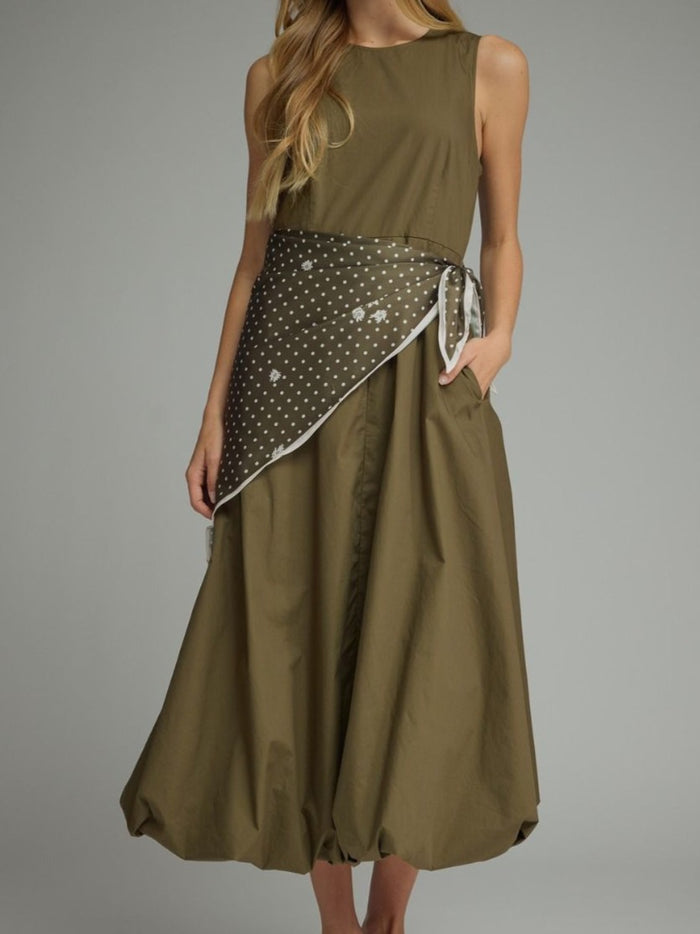 Olive Bubble Hem Midi Dress with Scarf Tie